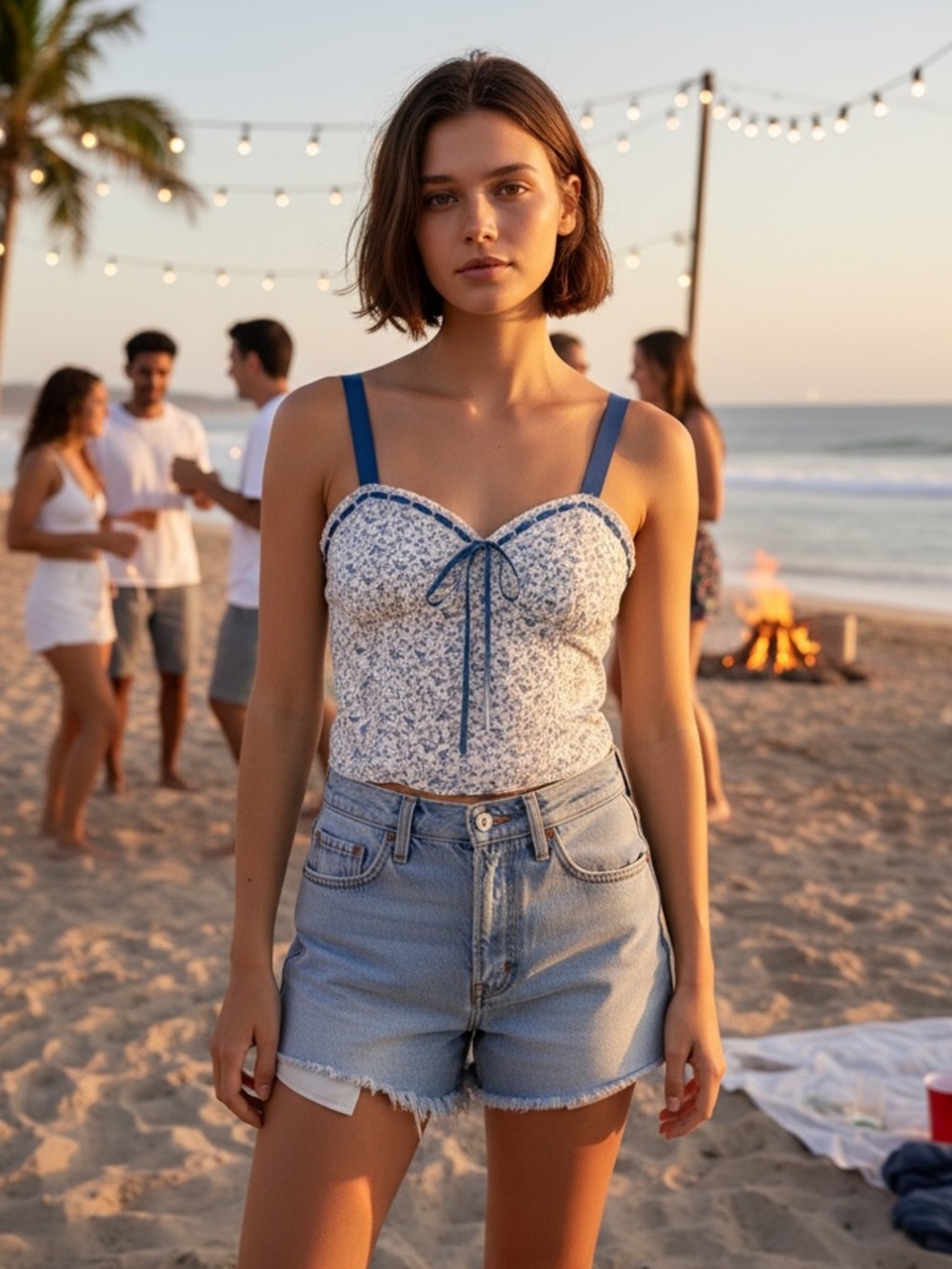 Blue Floral Corset Top Tie Front Cottagecore Milkmaid Cropped Tank Medium